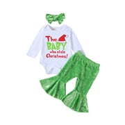 Hirigin My First Christmas Baby Girl Outfit Newborn The Baby Who Stole Christmas Romper Green Flared Pants Xmas Hat 3pcs Set