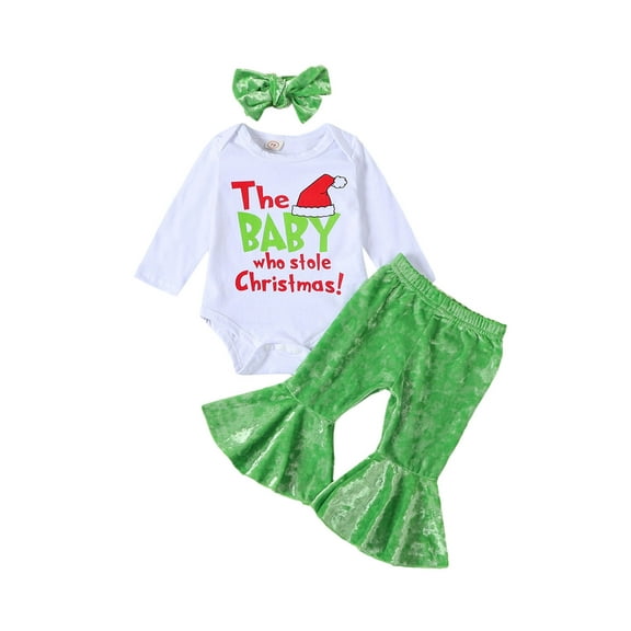 Hirigin My First Christmas Baby Girl Outfit Newborn The Baby Who Stole Christmas Romper Green Flared Pants Xmas Hat 3pcs Set