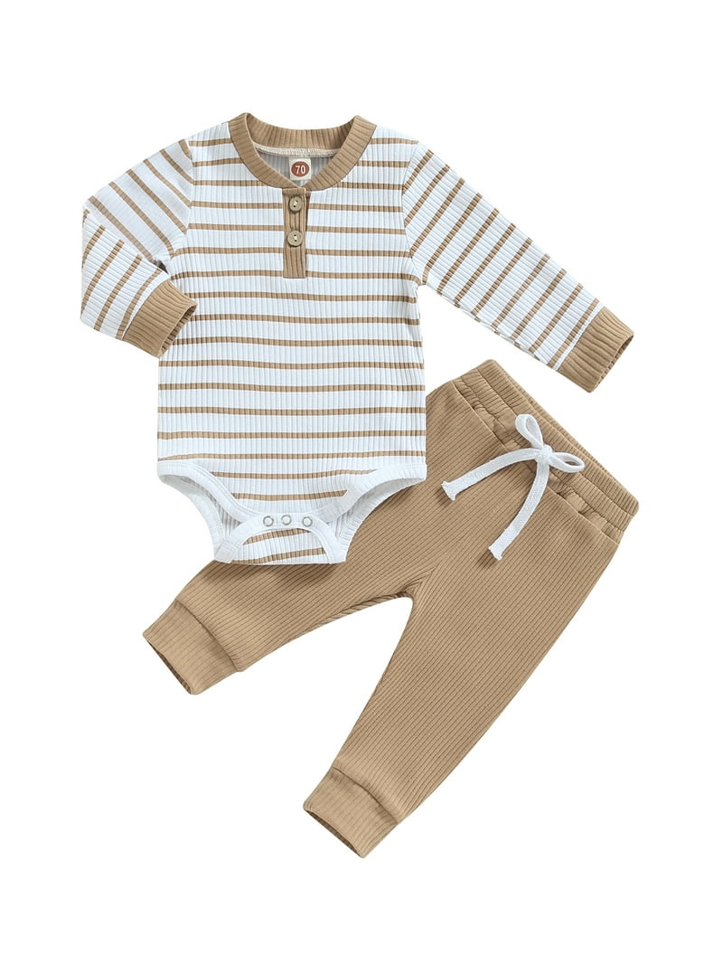 Mama's Boy Baby Outfit Set - Striped Romper + Overalls + Bear Hat, 3-Piece Fall/WWinter Set