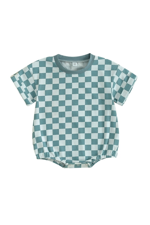 Newborn Baby Boy Girl Clothes Checkered T-Shirt Bubble Romper Oversized Short Sleeve One-Piece Summer Outfit