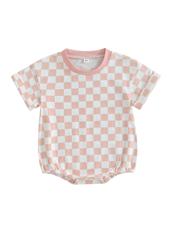Newborn Baby Boy Girl Clothes Checkered T-Shirt Bubble Romper Oversized Short Sleeve One-Piece Summer Outfit