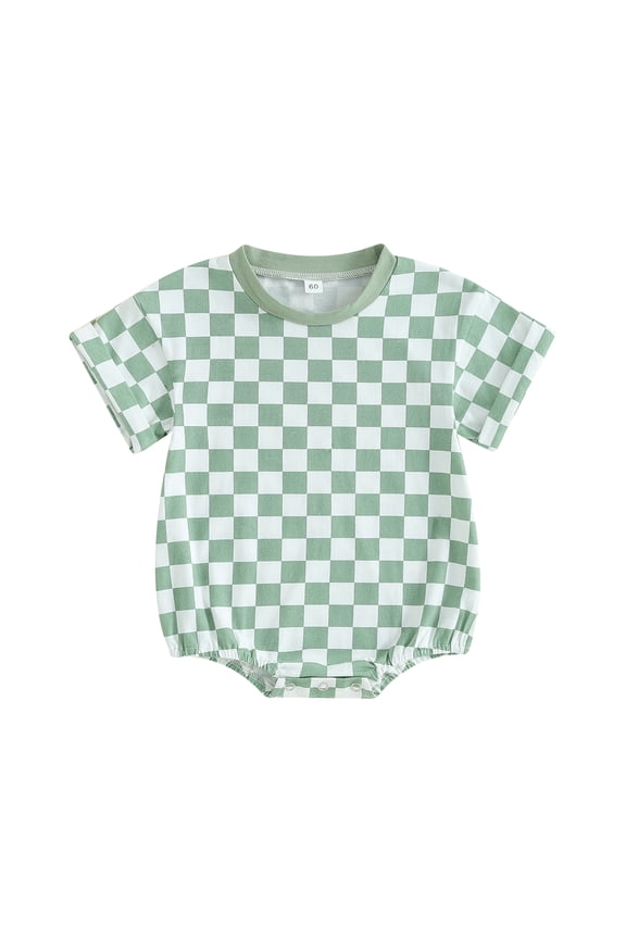 Newborn Baby Boy Girl Clothes Checkered T-Shirt Bubble Romper Oversized Short Sleeve One-Piece Summer Outfit