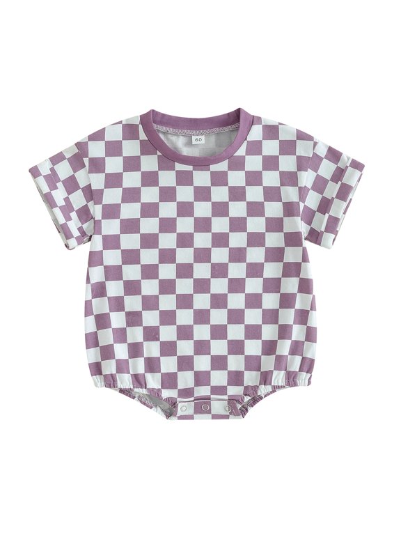 Newborn Baby Boy Girl Clothes Checkered T-Shirt Bubble Romper Oversized Short Sleeve One-Piece Summer Outfit