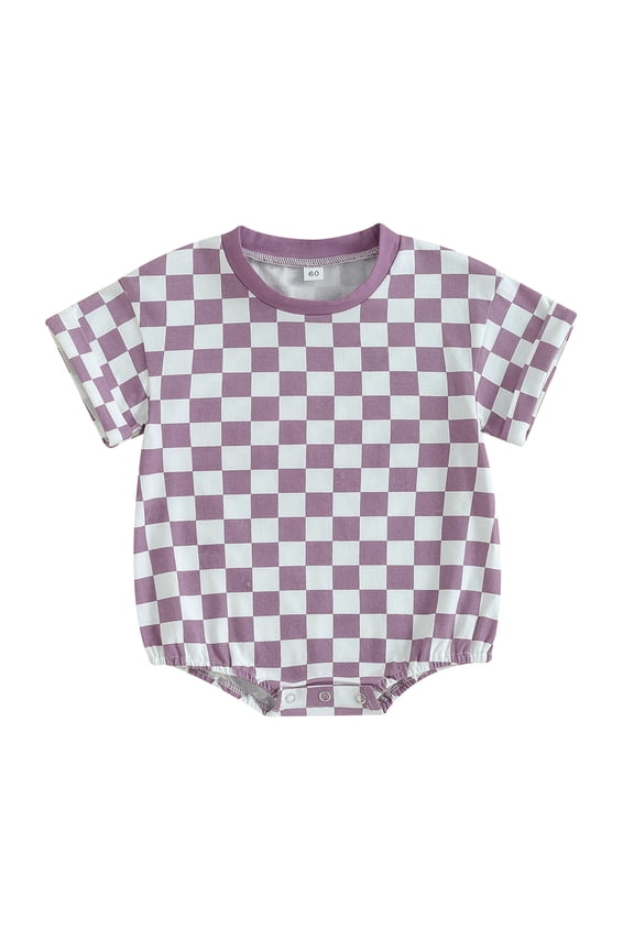 Newborn Baby Boy Girl Clothes Checkered T-Shirt Bubble Romper Oversized Short Sleeve One-Piece Summer Outfit