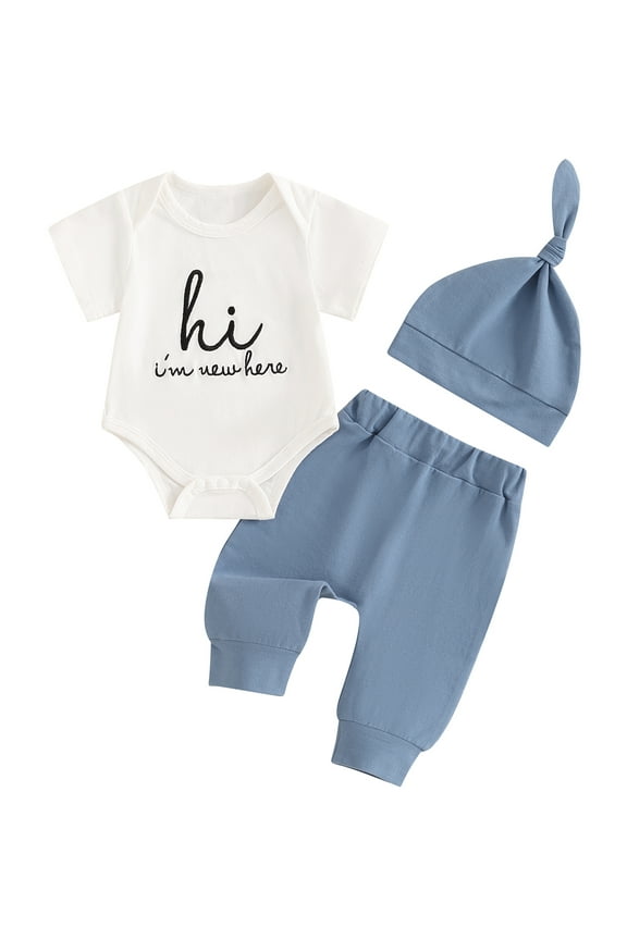 Newborn Baby Boy Girl Clothes Outfits Hi I'm New Here Letter Embroidered Short Sleeve Romper and Pants Hat 3Pcs Coming Home Outfit