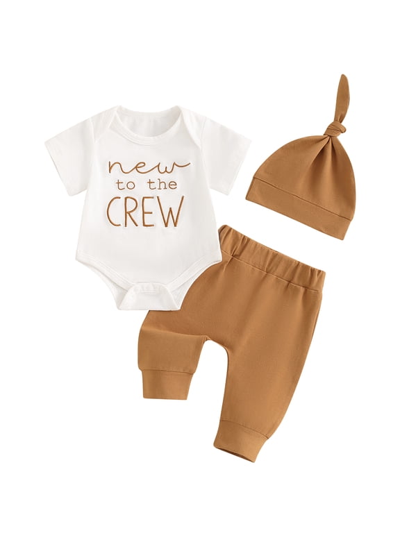 Newborn Baby Boy Girl Clothes Outfits Hi I'm New Here Letter Embroidered Short Sleeve Romper and Pants Hat 3Pcs Coming Home Outfit