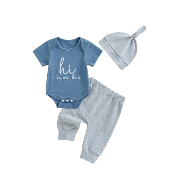 Hirigin Newborn Baby Boy Girl Clothes Outfits Hi I'm New Here Letter Embroidered Short Sleeve Romper and Pants Hat 3Pcs Coming Home Outfit