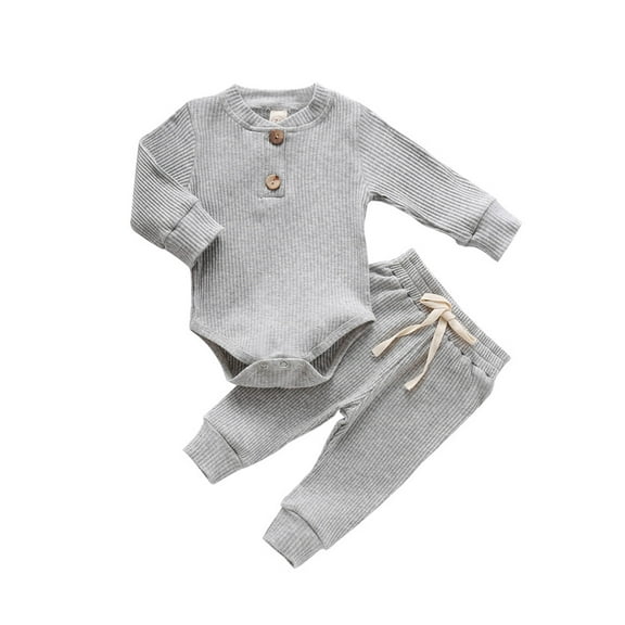 Hirigin Newborn Baby Boy Girl Clothes Ribbed Knitted Cotton Long Sleeve Romper Long Pants Solid Color Fall Winter Outfits