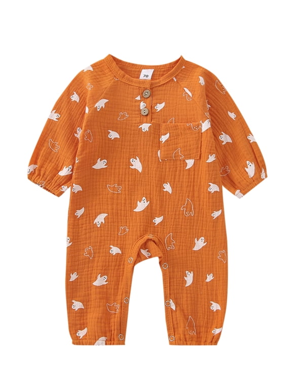 Toddler Girls Halloween Long Sleeve Ghost/Pumpkin Print Jumpsuit