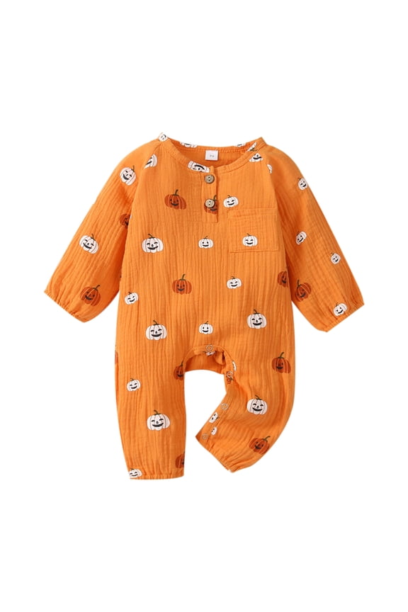 Newborn Baby Boy Girl Halloween Outfits Pumpkin Print Long Sleeve Buttons O-Neck Jumpsuit Romper 0 3 6 12 18 Months Fall Clothes