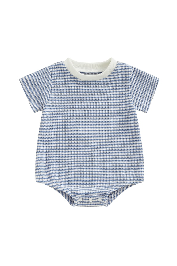 Newborn Baby Boy Girl Waffle Romper Short Sleeve Striped Crewneck Bubble Oversized Bodysuit 3 6 12 18 Months Summer Outfit