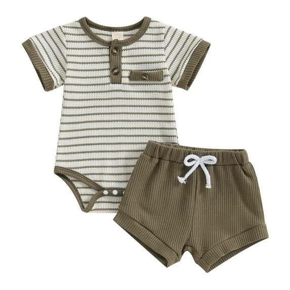 Hirigin Newborn Baby Boy Summer Clothes Set Stripe Button Short Sleeve Romper Bodysuit Shorts Set 0 3 6 12 18 Months Soft Waffle Outfit