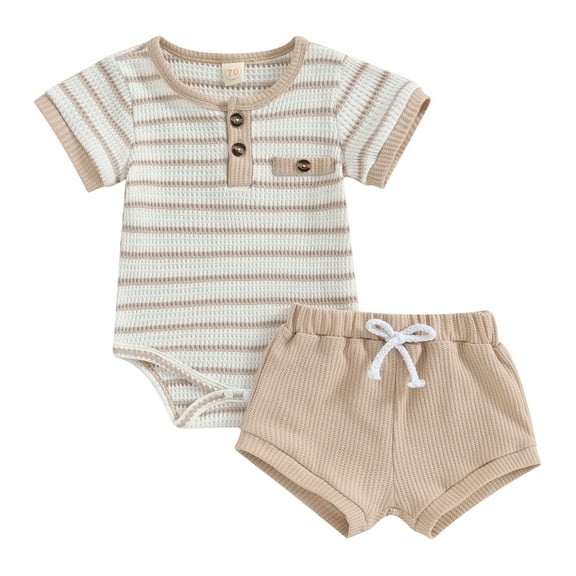 Hirigin Newborn Baby Boy Summer Clothes Set Stripe Button Short Sleeve Romper Bodysuit Shorts Set 0 3 6 12 18 Months Soft Waffle Outfit