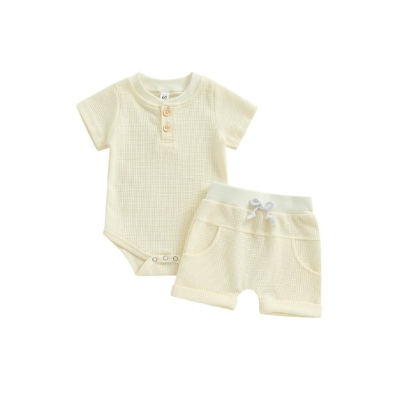 Hirigin Newborn Baby Boy Waffle Outfit Set Button Short Sleeve Romper Bodysuit Shorts 0 3 6 9 12 Months Soft Summer Clothes Set