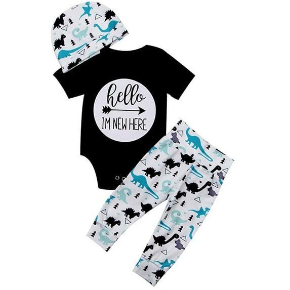 Hirigin Newborn Baby Boys Letter Print T-Shirt Romper Tops Cartoon Dinosaur Print Pants Caps 3Pcs Summer Outfits