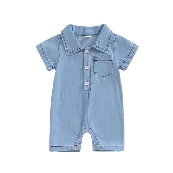 Hirigin Newborn Baby Boys Summer Denim Romper Short Sleeve Lapel Button Down Jumpsuit with Pocket