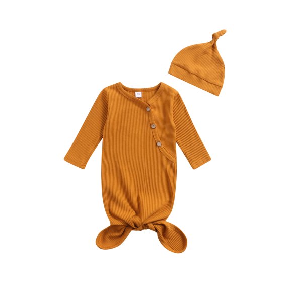 Hirigin Newborn Baby Girl Boy Coming Home Outfits Knotted Nightgown Unisex Sleep Gown Cute Baby Winter Pajamas with Hat