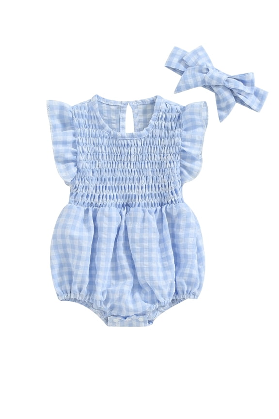Newborn Baby Girl Bubble Romper Summer Clothes 0 3 6 12 18 Months Ruffle Sleeve Crewneck Plaid Playsuit with Headband