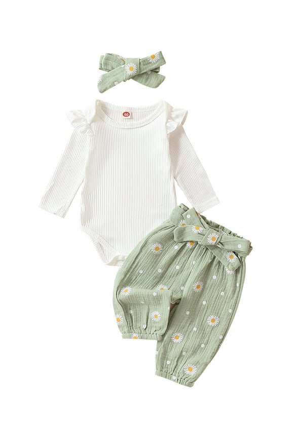 Newborn Baby Girl Clothes Rib Knit Ruffle Romper Daisy Print Pants Headband 0 3 6 12 18 24 Months Fall Winter Clothes Set