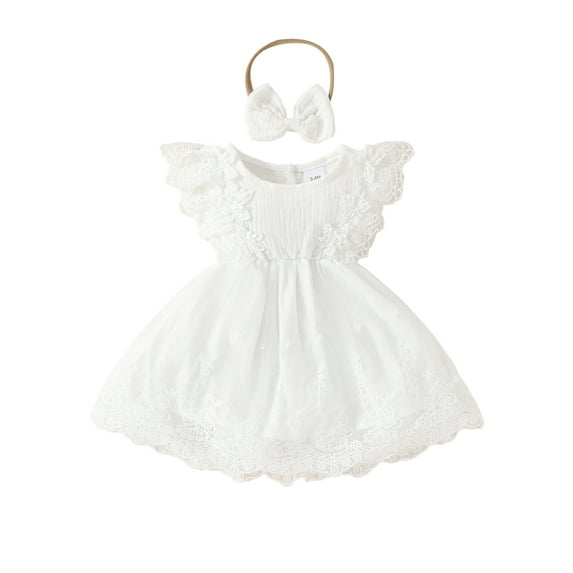 Hirigin Newborn Baby Girl Cotton Linen Dress 3 6 12 18 24 Months Fly Sleeve Ruffle Lace A-line Princess Dress with Headband