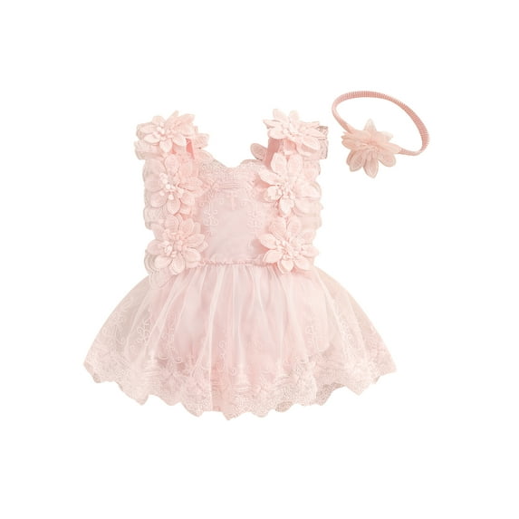 Hirigin Newborn Baby Girl Floral Lace Romper Dress Sleeveless Ruffle Mesh Tutu Dress 0 3 6 12 18 Months Cute Jumpsuits with Headband