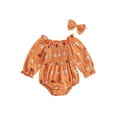thumbnail image 1 of Hirigin Newborn Baby Girl Halloween Outfit 3 6 12 18 Months Pumpkin Print Long Sleeve Cotton Linen Romper Smocked Bodysuit Headband Set, 1 of 8