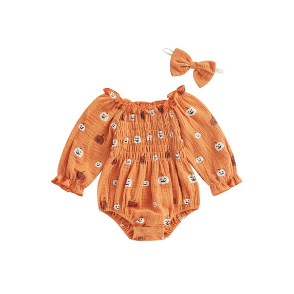 Hirigin Newborn Baby Girl Halloween Outfit 3 6 12 18 Months Pumpkin Print Long Sleeve Cotton Linen Romper Smocked Bodysuit Headband Set