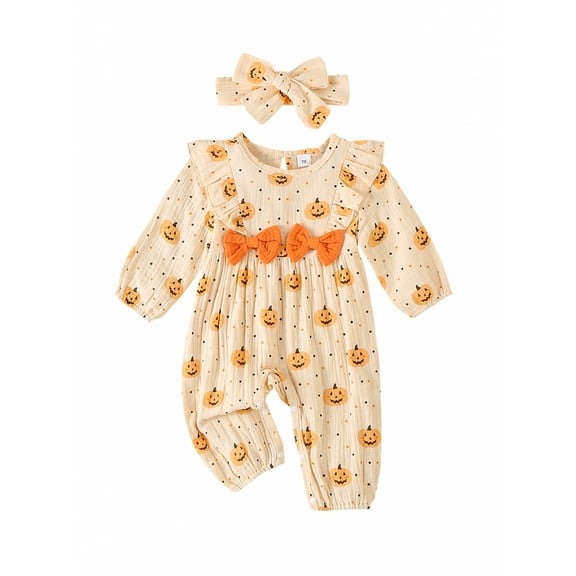 Hirigin Newborn Baby Girl Halloween Outfits Cotton Linen Puff Sleeve Ruffle Pumpkin Print One Piece Jumpsuit Romper Fall Clothes