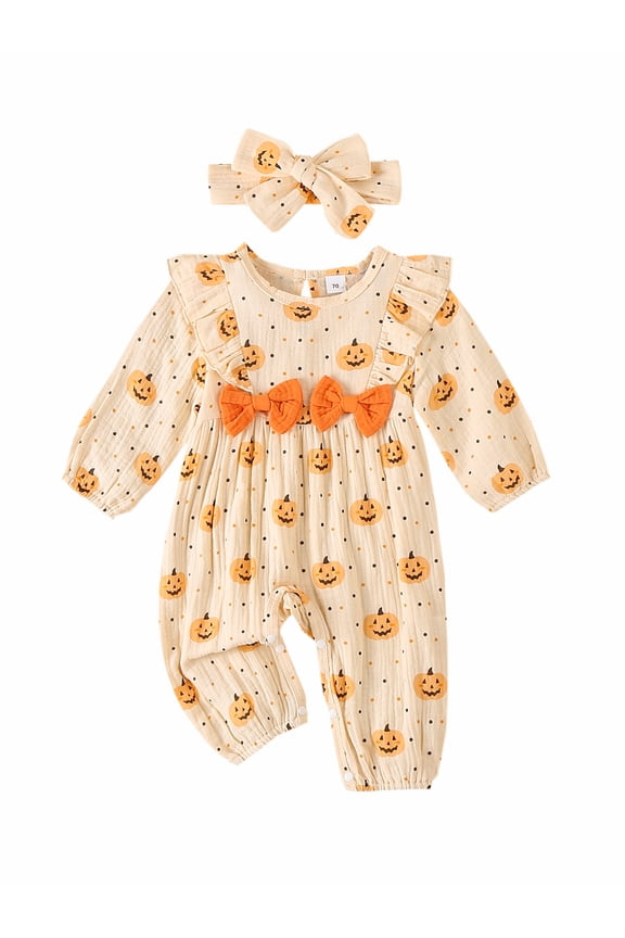 Newborn Baby Girl Halloween Outfits Cotton Linen Puff Sleeve Ruffle Pumpkin Print One Piece Jumpsuit Romper Fall Clothes