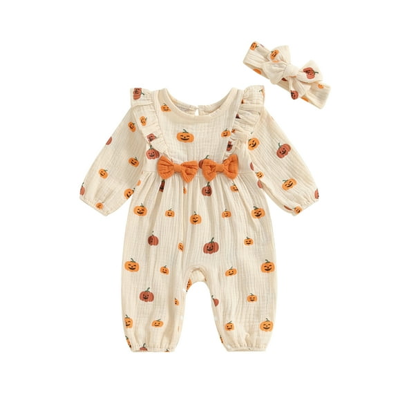 Hirigin Newborn Baby Girl Halloween Outfits Cotton Linen Puff Sleeve Ruffle Pumpkin Print One Piece Jumpsuit Romper Fall Clothes
