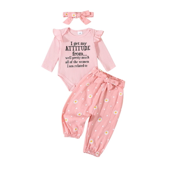Hirigin Newborn Baby Girl I Get My ATTITUDE from Outfits Rib Knit Ruffle Romper Daisy Print Pants Headband Fall Winter Clothes Set