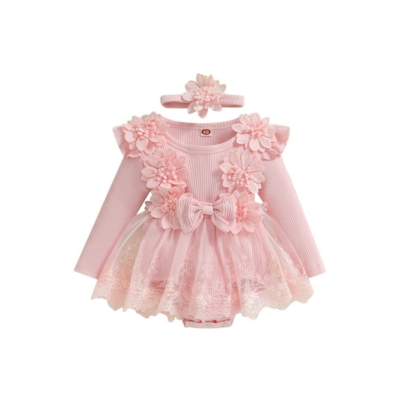 Hirigin Newborn Baby Girl Lace Romper Dress Long Sleeve Ruffle Mesh Tutu Dress 0 3 6 12 18 Months Cute Jumpsuits with Headband