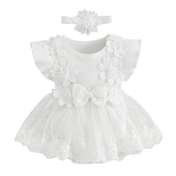 Hirigin Newborn Baby Girl Lace Romper Dress Short Sleeve Ruffle Mesh Tutu Dress 0 3 6 12 18 Months Cute Jumpsuits with Headband