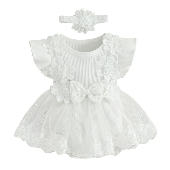 Hirigin Newborn Baby Girl Lace Romper Dress Short Sleeve Ruffle Mesh Tutu Dress 0 3 6 12 18 Months Cute Jumpsuits with Headband