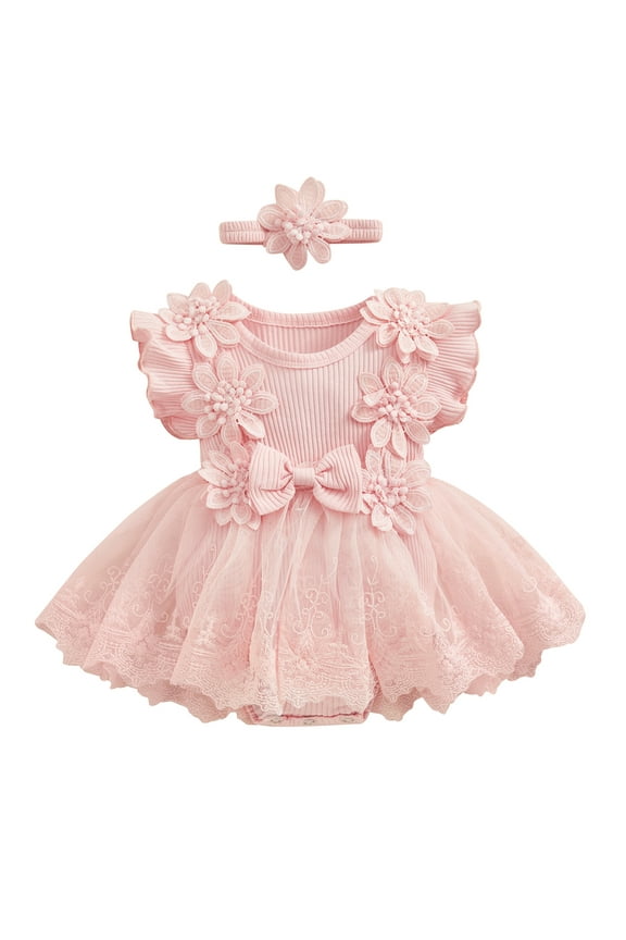 Baby Girl Lace Romper Dress Short Sleeve Ruffle Mesh Tutu Dress 0 3 6 12 18 Months Cute Jumpsuits with Headband