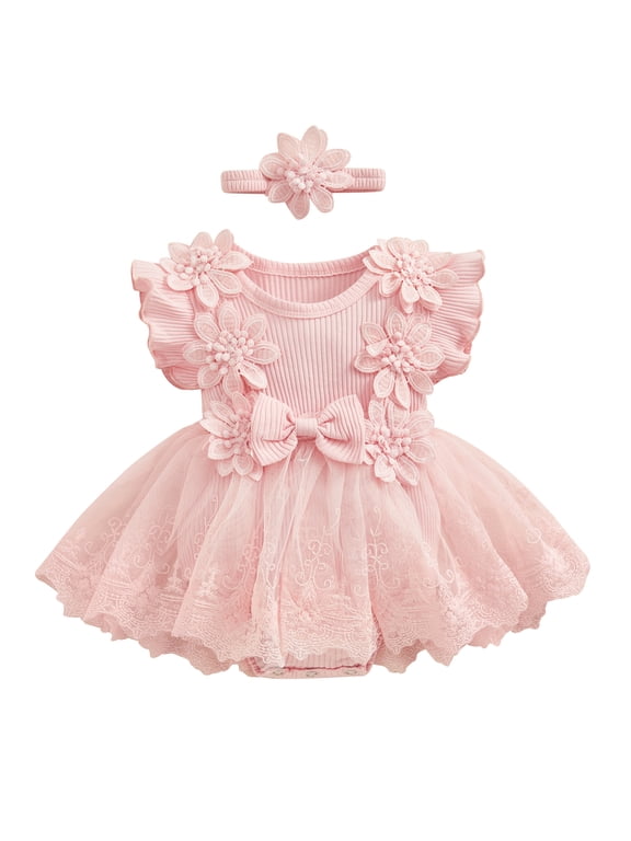 Baby Girl Lace Romper Dress Short Sleeve Ruffle Mesh Tutu Dress 0 3 6 12 18 Months Cute Jumpsuits with Headband