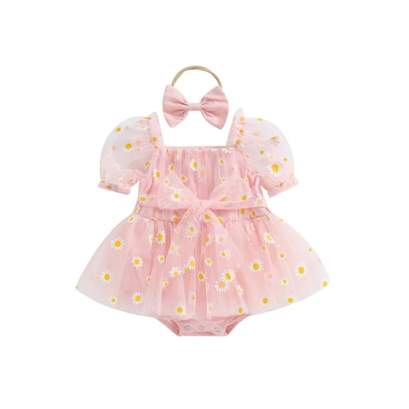 Hirigin Newborn Baby Girl Summer Romper Dress 3 6 12 18 Months Daisy Print Short Puff Sleeve Mesh Hem Tulle Dress Bodysuits with Headband Set