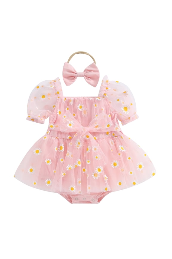 Newborn Baby Girl Summer Romper Dress 3 6 12 18 Months Daisy Print Short Puff Sleeve Mesh Hem Tulle Dress Bodysuits with Headband Set