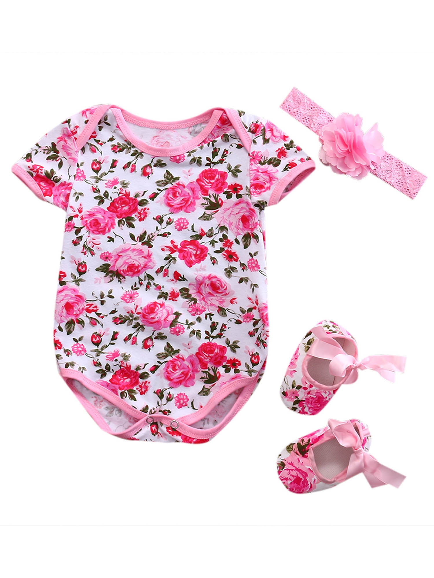Newborn Baby Girls Summer Clothes Set 0 3 6 12 Months Short Sleeve Romper Floral Jumpsuit Romper+Shoes+Headband Set