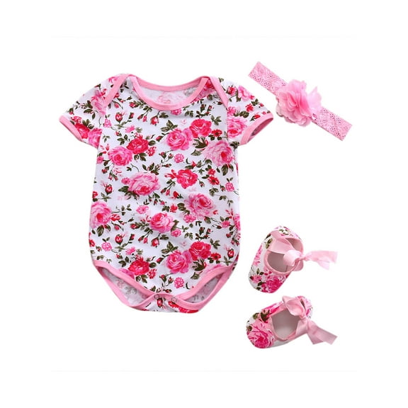 Hirigin Newborn Baby Girls Summer Clothes Set 0 3 6 12 Months Short Sleeve Romper Floral Jumpsuit Romper+Shoes+Headband Set