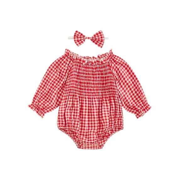 Hirigin Newborn Infant Baby Girl Cotton Linen Plaid Romper 0 3 6 12 18 Months Off Shoulder Long Sleeve Smocked Bodysuit with Headband