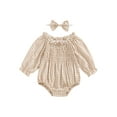 thumbnail image 1 of Hirigin Newborn Infant Baby Girl Cotton Linen Plaid Romper 0 3 6 12 18 Months Off Shoulder Long Sleeve Smocked Bodysuit with Headband, 1 of 8
