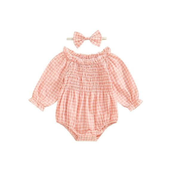 Hirigin Newborn Infant Baby Girl Cotton Linen Plaid Romper 0 3 6 12 18 Months Off Shoulder Long Sleeve Smocked Bodysuit with Headband