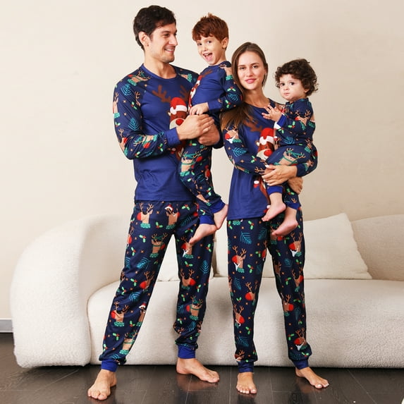 Hirigin Store Christmas Family Pajamas Matching Set, Cartoon Elk Long Sleeve T-shirt with Pants Sleepwear Loungewear