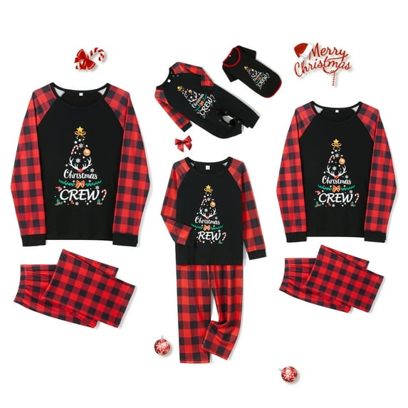 Hirigin Store Christmas Family Pajamas Matching Set Letter Print Long Sleeve Tops and Plaid Pants Sleepwear