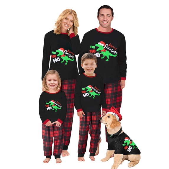 Hirigin Store Christmas Family Pajamas Matching Set, Long Sleeve Dinosaur Print T-shirt with Plaid Pants Sleepwear Loungewear