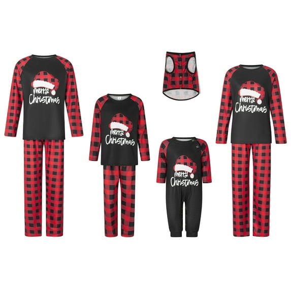 Hirigin Store Christmas Family Pajamas Matching Set, Romper/Letter Print Raglan Long Sleeve Tops and Plaid Pants Sleepwear