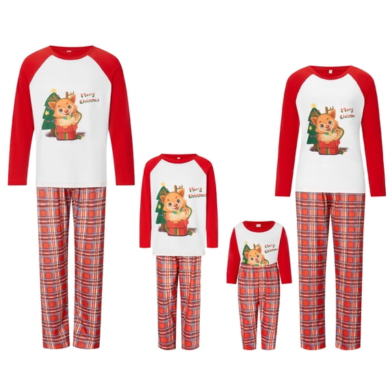 Hirigin Store Christmas Pajamas for Family Funny Fox Gift Print Long Sleeve Tops + Trousers Set Holiday Sleepwear