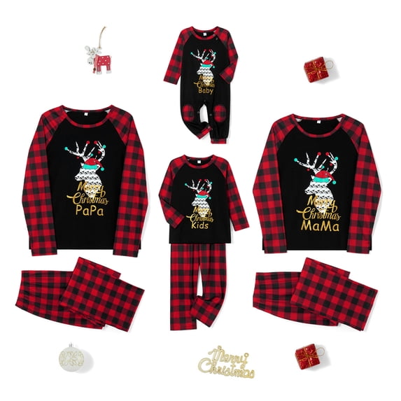 Hirigin Store Family Matching Christmas Pajamas, Letter Deer Head Print Long-Sleeved Tops + Plaid Trousers Sleepwear Outfits