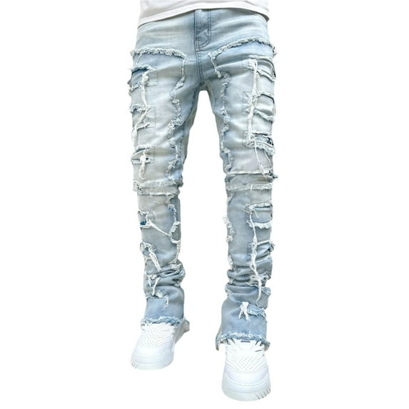 Hirigin Store Men's Regular Fit Stacked Jeans Patch Distressed Destroyed Straight Denim Pants Streetwear Clothes